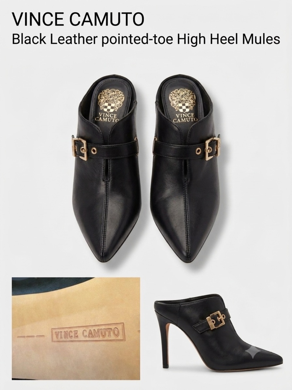 Vince Camuto Black Leather Pointed Mule Heels with Gold Buckle